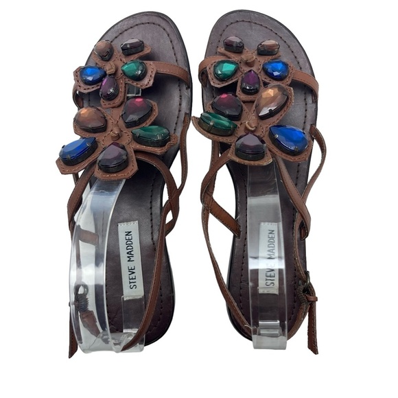 STEVE MADDEN ANGELYNA Brown Bling Chunky Rhinestones Flower Sandals Shoes sz 8 - Picture 11 of 16